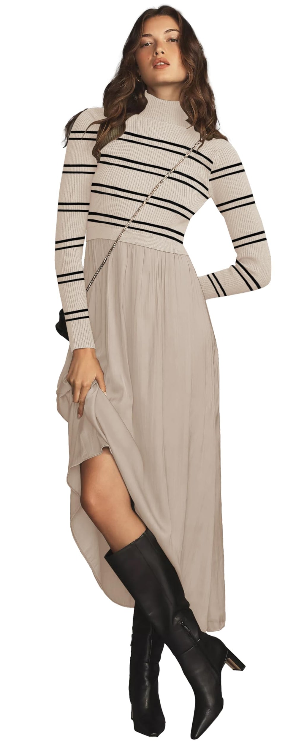 Womens Fall Mock Turtleneck Long Sleeve Ribbed Knit Pullover Tops Fashion Long Maxi Dress