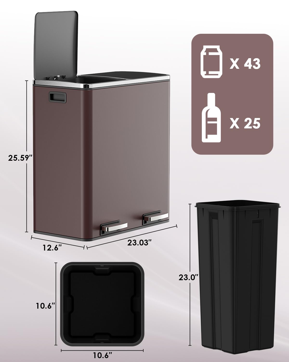 60L(16 Gal) Dual Trash Can, Stainless Steel Kitchen Garbage Can, Double Compartment Classified Rubbish Bin, Recycle Dustbin w/Plastic Inner Buckets, Soft-Close Lid, Airtight, Black