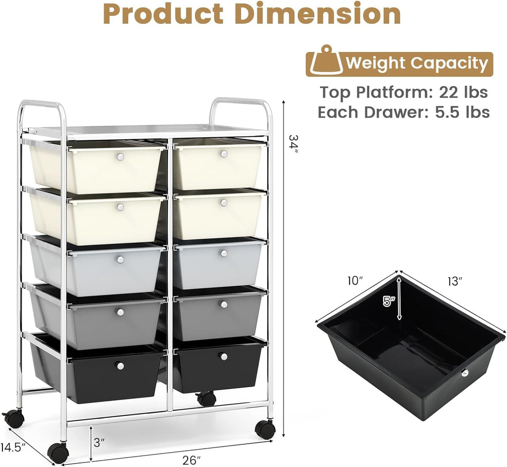 LDAILY 9 Drawer Rolling Storage Cart, Rolling Cart with Drawers for Classroom, Art Supply Craft Organizer on Wheel with Metal Frame & Handles for Home Office School