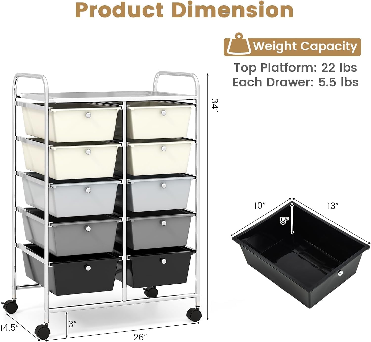 LDAILY 9 Drawer Rolling Storage Cart, Rolling Cart with Drawers for Classroom, Art Supply Craft Organizer on Wheel with Metal Frame & Handles for Home Office School