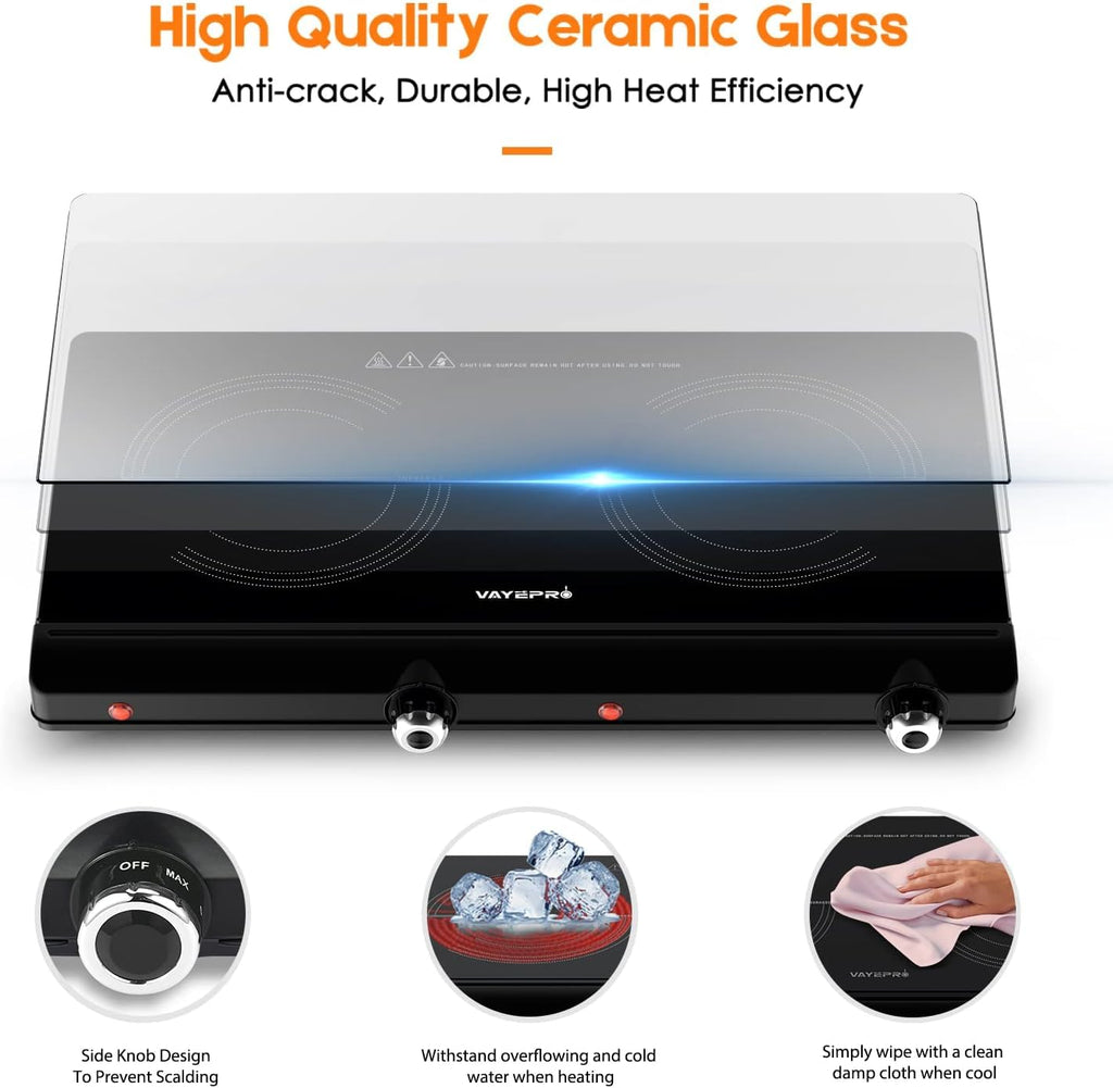 Infrared Double Burner Electric Cooktop - 1800W Portable Stove, Heat-up In Seconds, Countertop Cooktop for Dorm, Compatible with All Cookware