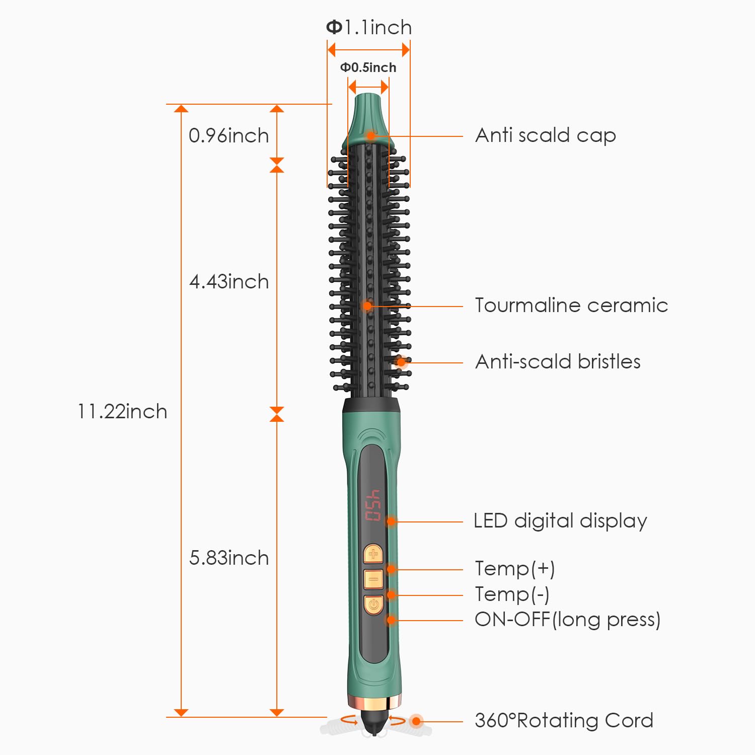 BANGMENG Mini Thermal Round Brush, 0.35 Inch Barrel Volume Heat Styling Brush for Men and Women Short Thin Curly Straight Hair, Heated Curling Iron,12 Temperature Setting (0.95 Inch with Bristles)