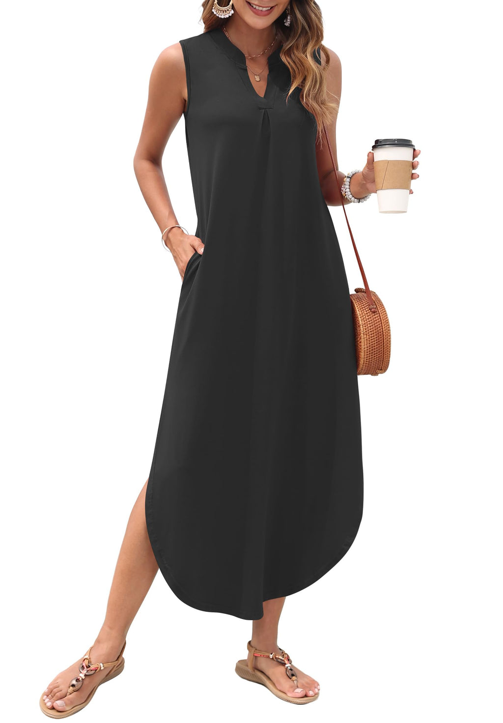 AUSELILY Womens Summer Casual Maxi Dresses 2026 Sleeveless Long Beach Dresses V Neck Loose Sundresses with Side Split Pockets