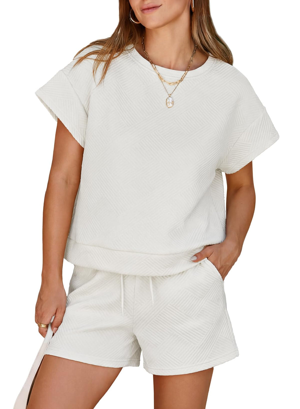Dokotoo Women's 2 Piece Outfits Sweatsuit Casual Short Sleeve Pullover Tops and Drawstring Shorts Pants Lounge Sets