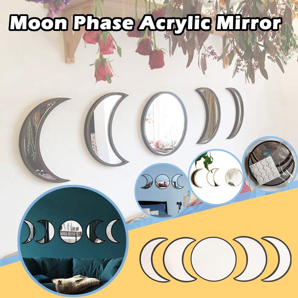 Scandinavian Decor 5-Piece Acrylic Wall Decor - Wooden Moon Phase Mirror, Bohemian Design for Living Room, Bedroom - Beige