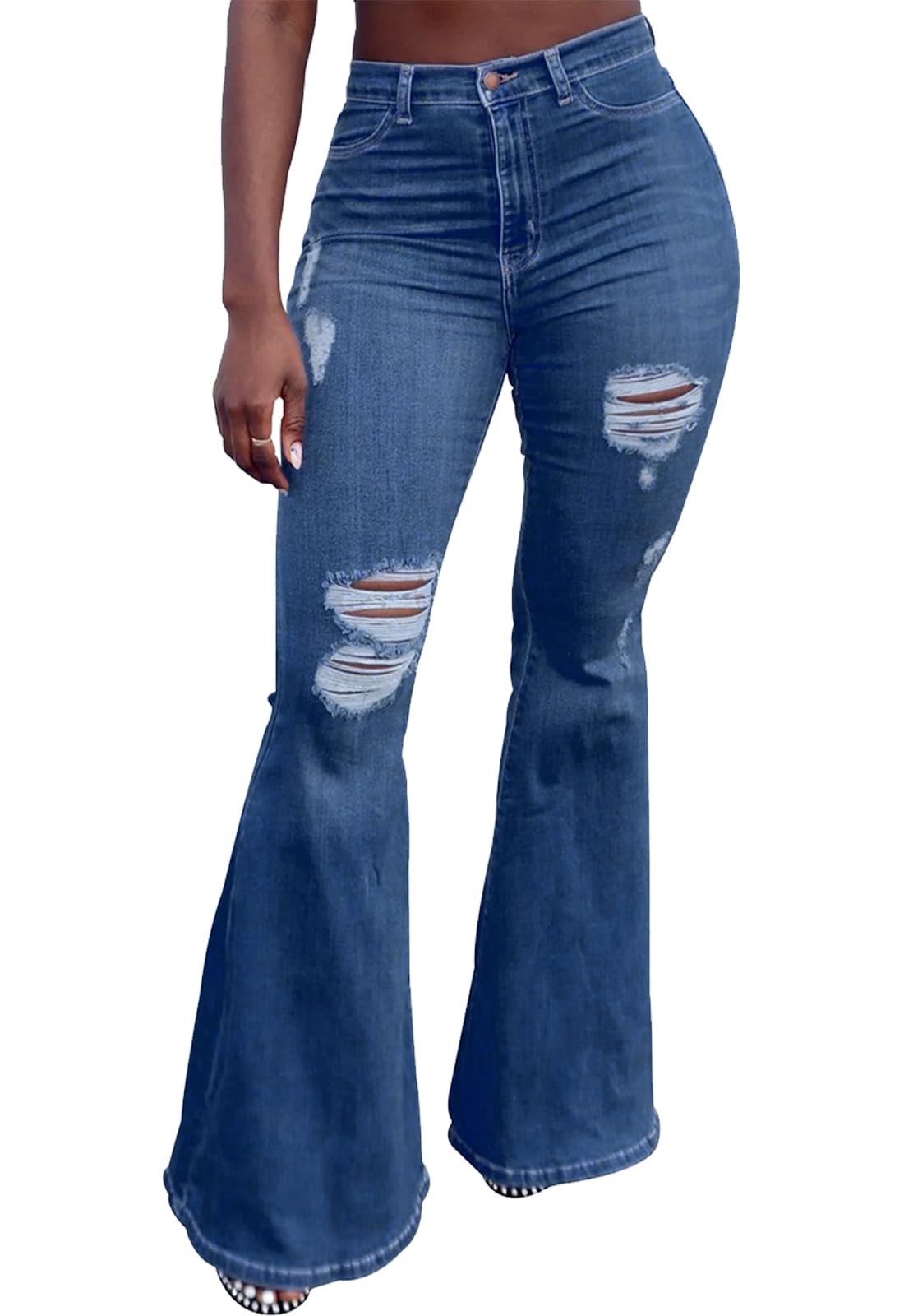 CutieLove Women's Ripped Jeans Bell Bottom Flare Jeans Mid Rise Destroyed Hem Denim Pants
