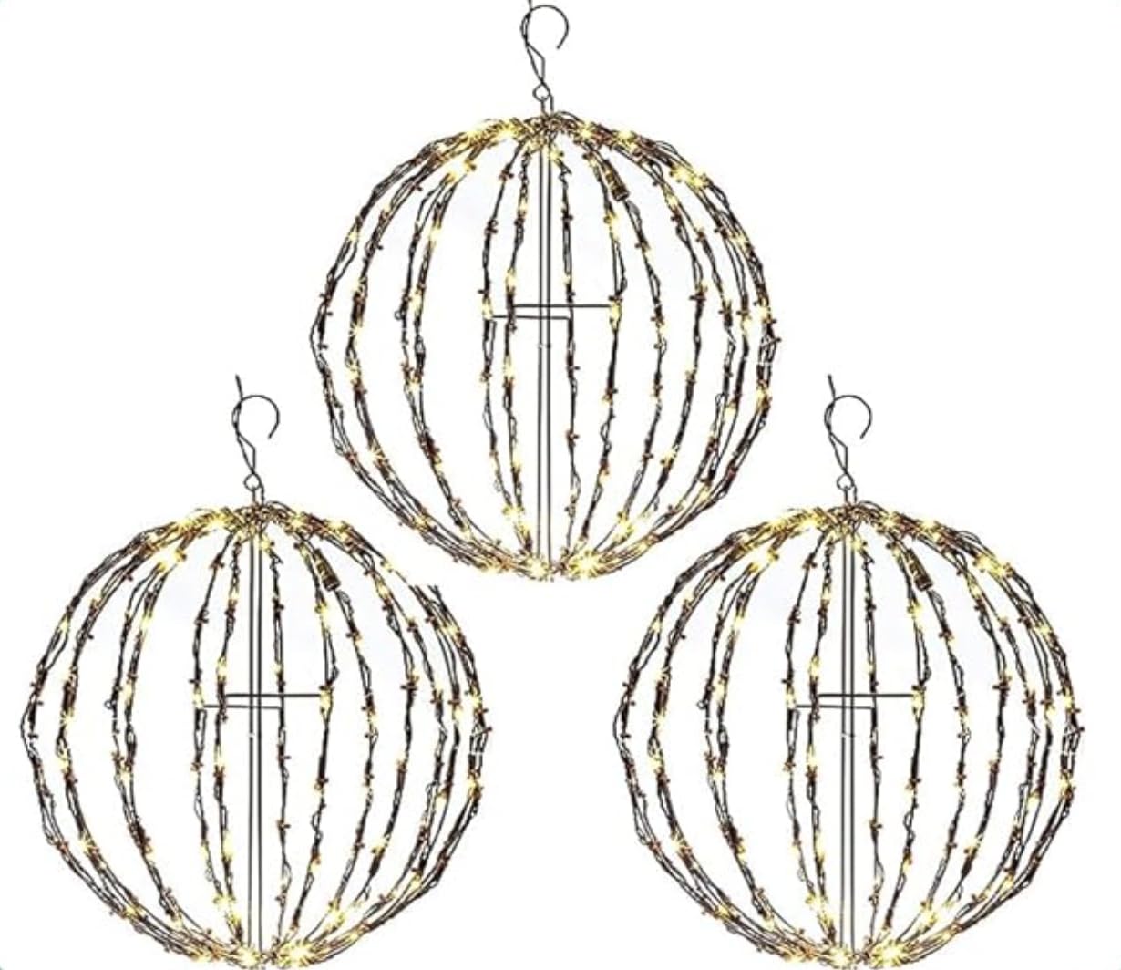 Elf Logic 3 Pack 12” Outdoor/Indoor LED Christmas Light Balls. Durable, Waterproof, Long-Lasting, Lightweight Bright Light Ball. Warm LED Lights for Holiday Decor, Patio, Wedding Decor
