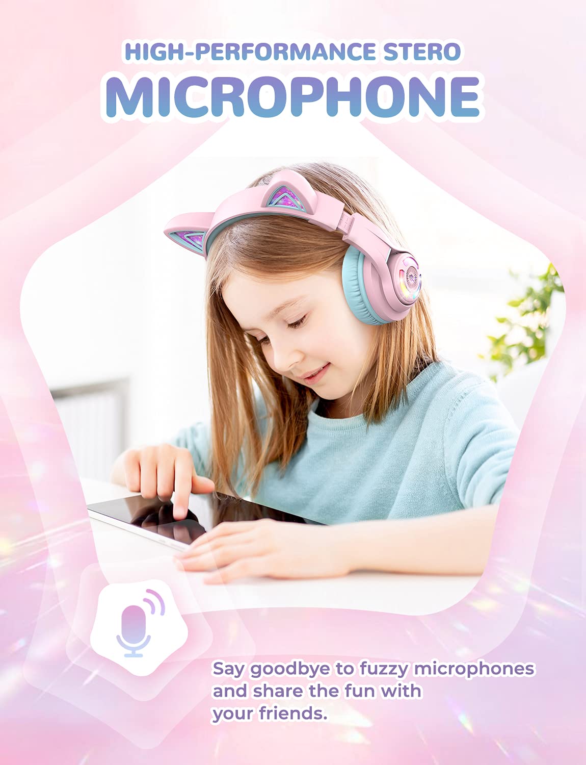 iClever Cat Ear Kids Bluetooth Headphones, LED Lights Up, 74/85dBA Safe Volume Limited, 50H Playtime,Bluetooth 5.2, USB C,Kids Headphones Wireless Over Ear for Travel iPad Tablet, Meow Macaron-Purple