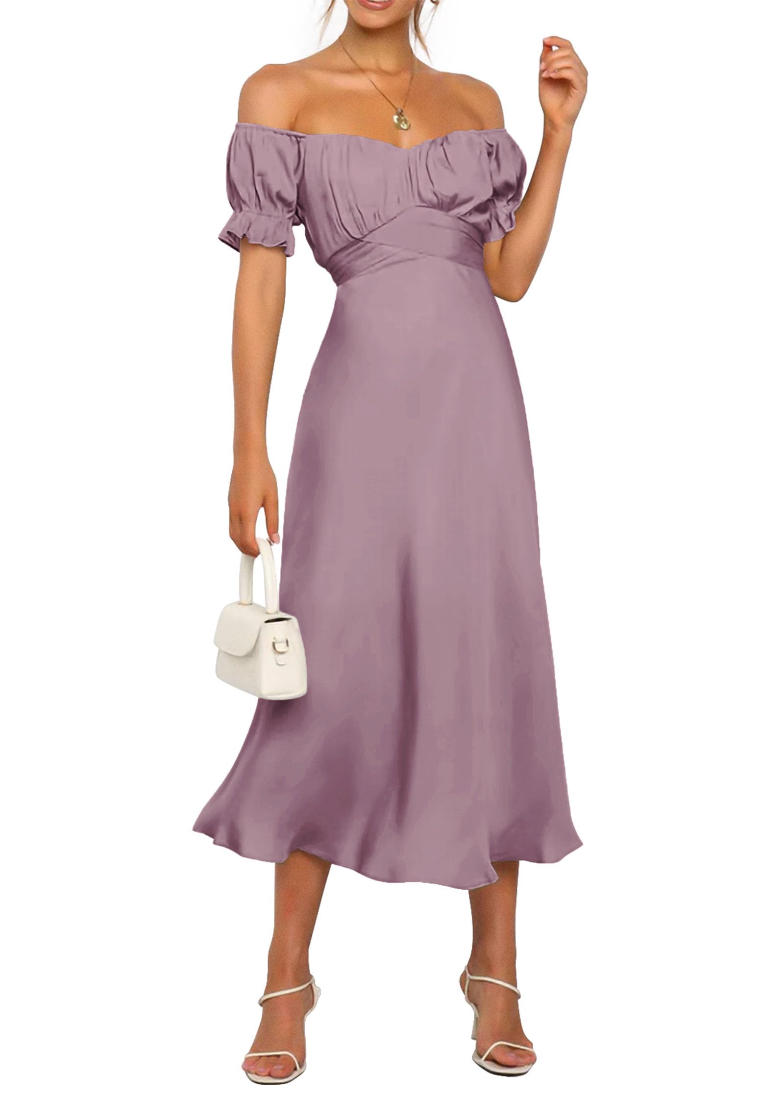 KIRUNDO Women's 2026 Spring Summer Satin Wedding Guest Midi Dress Off The Shoulder Wrap Party Cocktail Formal Prom Dresses