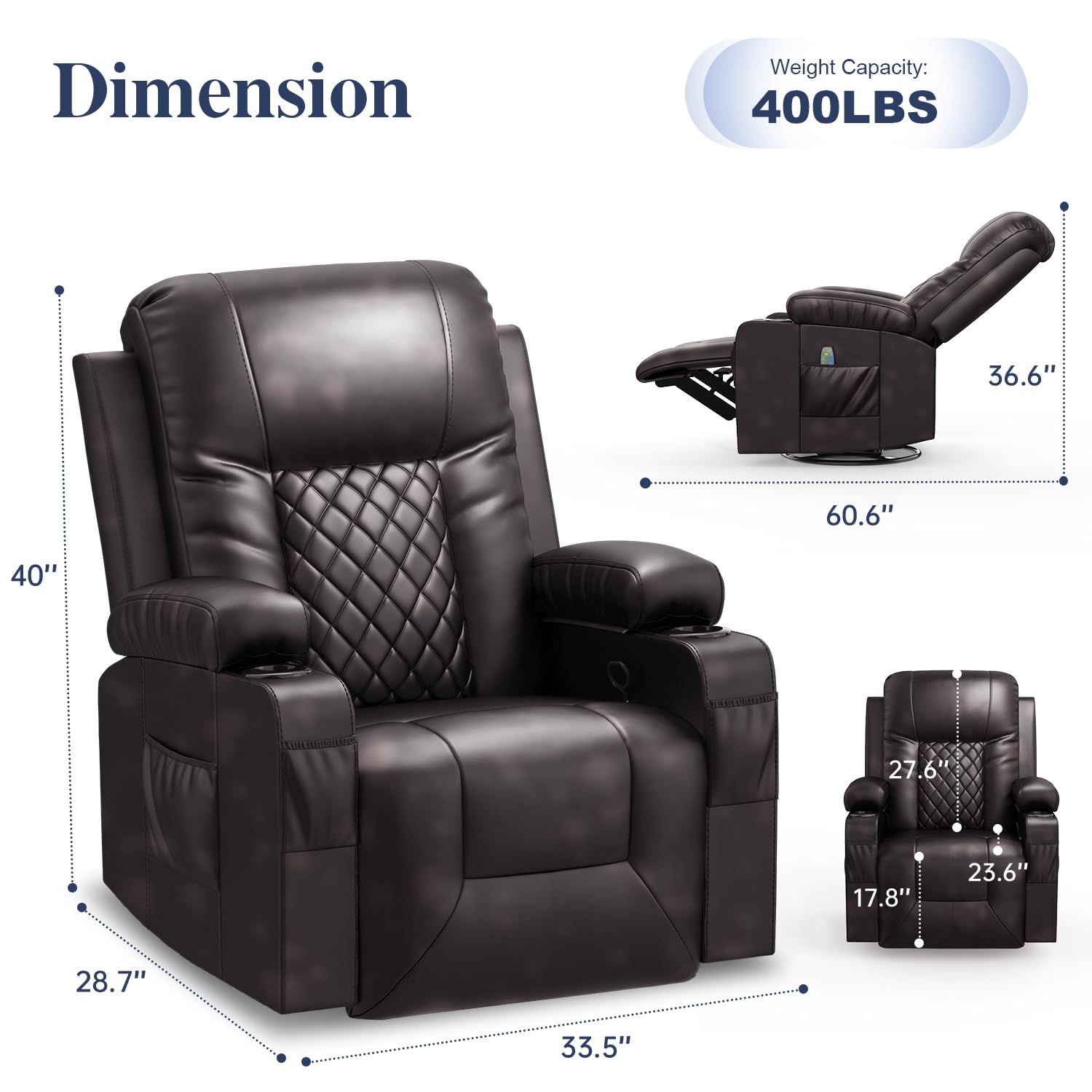 Recliner Chairs for Adults, FSC Certified Massage Reclining Chair with Heated Modern, Ergonomic Lounge Single Reclining Sofa Seat with Cup Holder & Pocket, Living Room Lounge Recliners Black