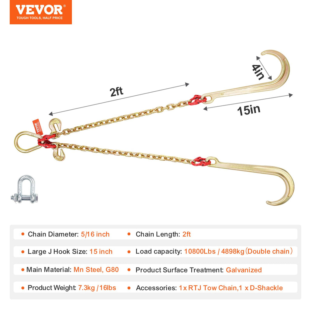 VEVOR G80 V Bridle Chain, 3/8" x 2' Towing Chain Bridle with 15" J Hooks, T Hooks & Grab Hooks, Heavy Duty Transport Tow Chain Bridle with 7800 lbs Safe Working Load for Flatbed Truck Wrecker Recovery