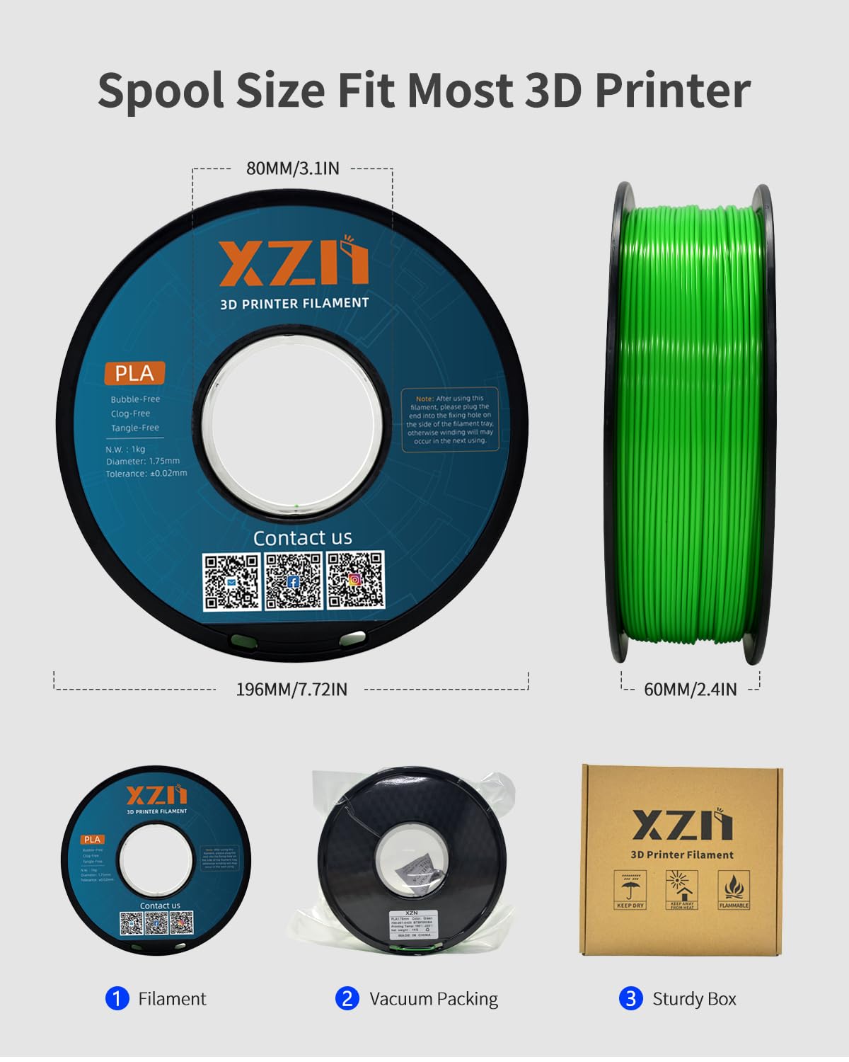 PLA Filament 1.75mm, 3D Printer Filament 1kg Spool (2.2lbs), Neatly Wound, +/- 0.02mm Precision, No Clog/Bubble, Excellent Layer Adhesion, Fits Most FDM Printers, Apple Green