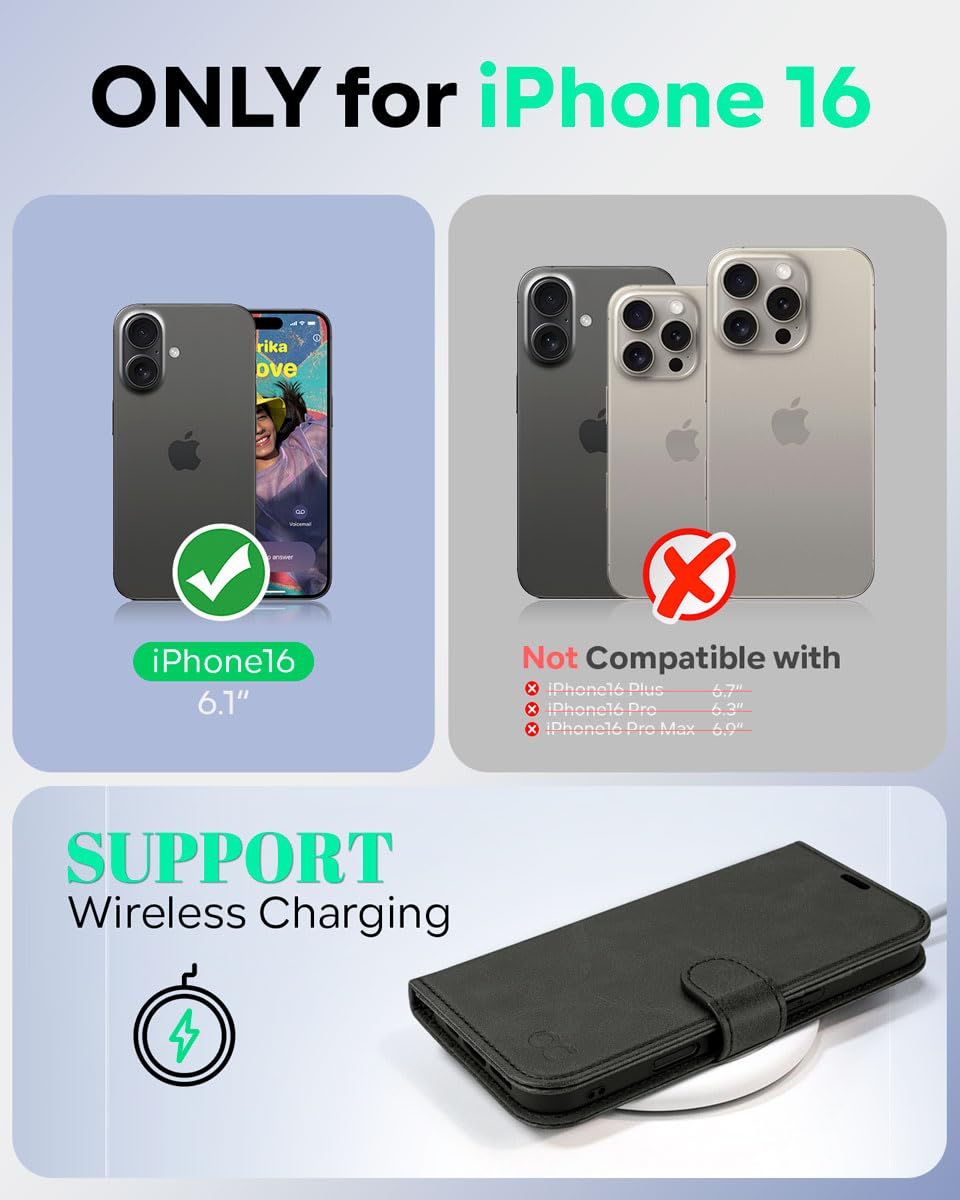 OCASE Compatible with iPhone 16 Wallet Case, PU Leather Flip Folio Case with Card Holders RFID Blocking Kickstand [Shockproof TPU Inner Shell] Phone Cover 6.1 Inch 2024, Black