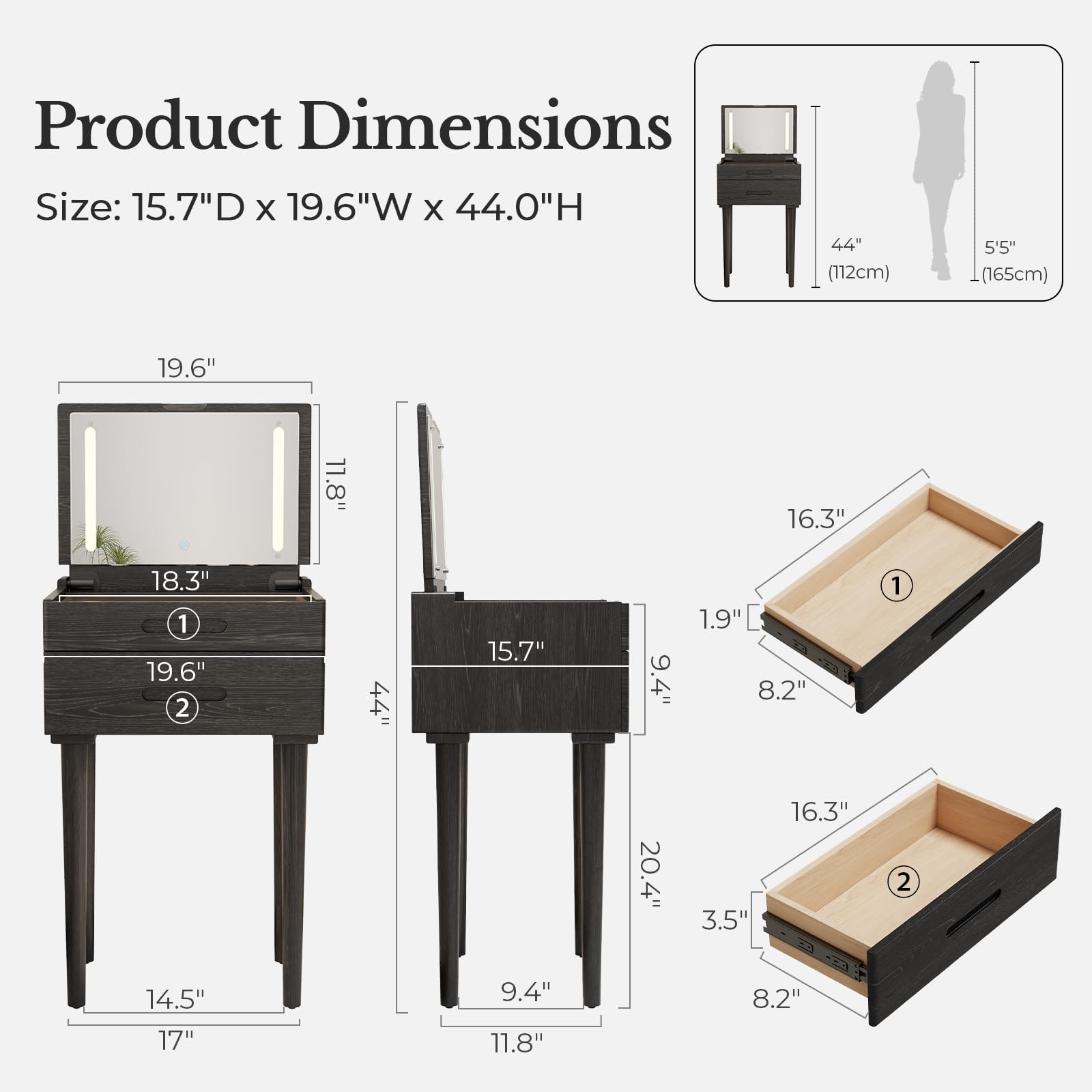 Muwuele Solid Wood Small Vanity Desk with Mirror and Lights, Narrow Makeup Vanity for Small Space, Flip Top Vanity Side Table, 3 Color Modes & Adjustable Brightness, 19.6" Slim Dressing Table, Black