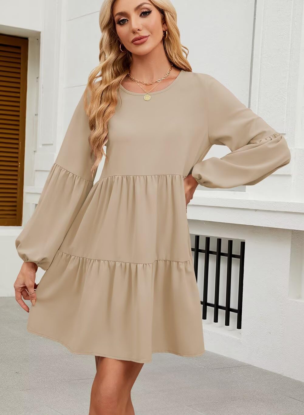 QACOHU Falll Dresses for Women 2026 Crew Neck Long Lantern Sleeve Casual Loose Flowy Swing Shift Dress