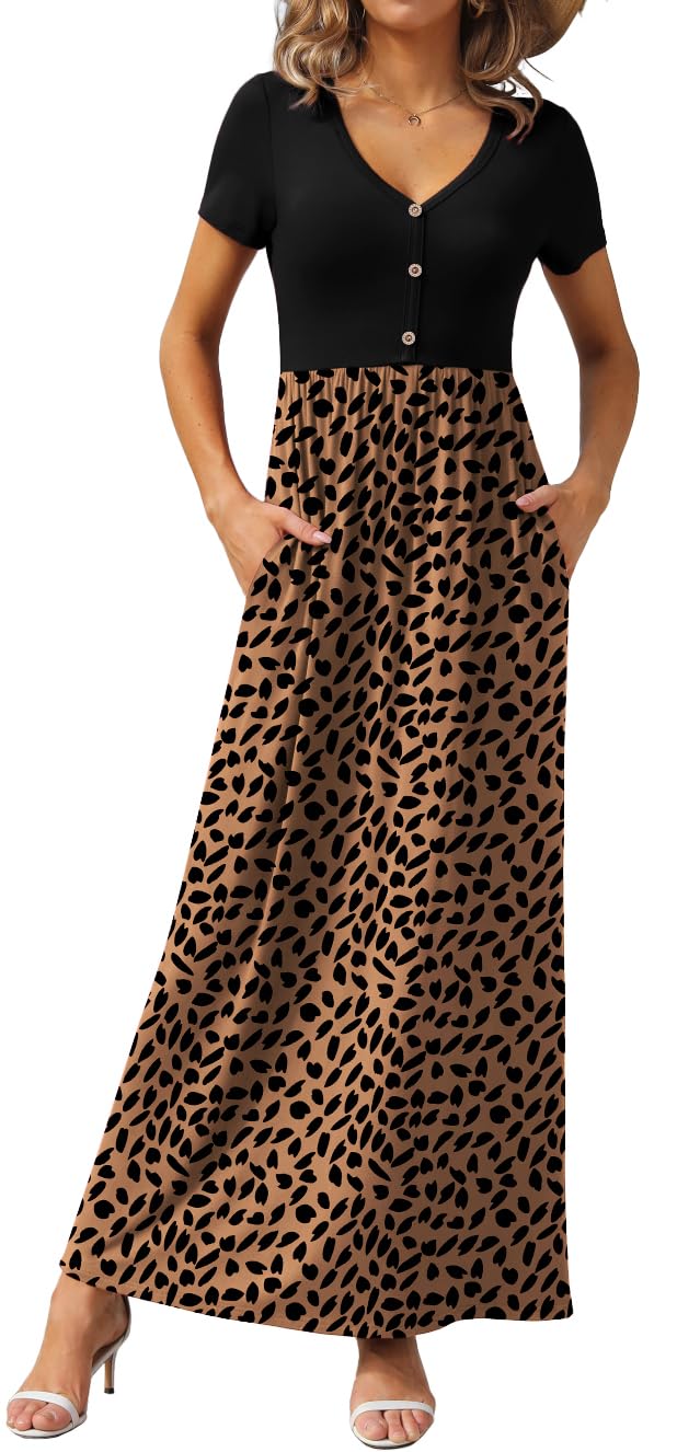 GRECERELLE Womens Summer Long Maxi Dresses 2026 Short Sleeve V Neck Casual Button Dress with Pockets