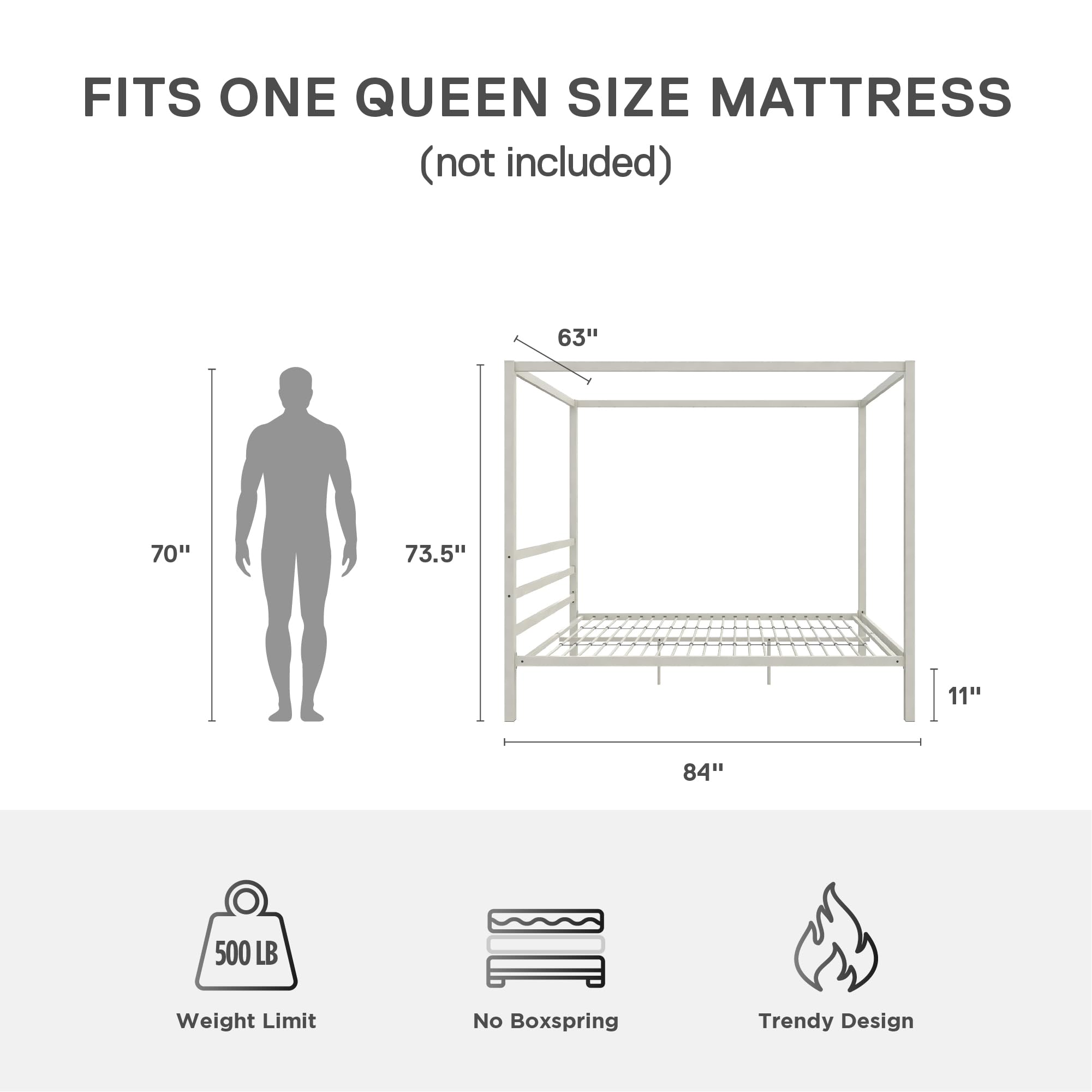 DHP King Metal Canopy Bed, Modern Design with Built-In Headboard, Sturdy Frame, No Box Spring Needed, Gunmetal Gray
