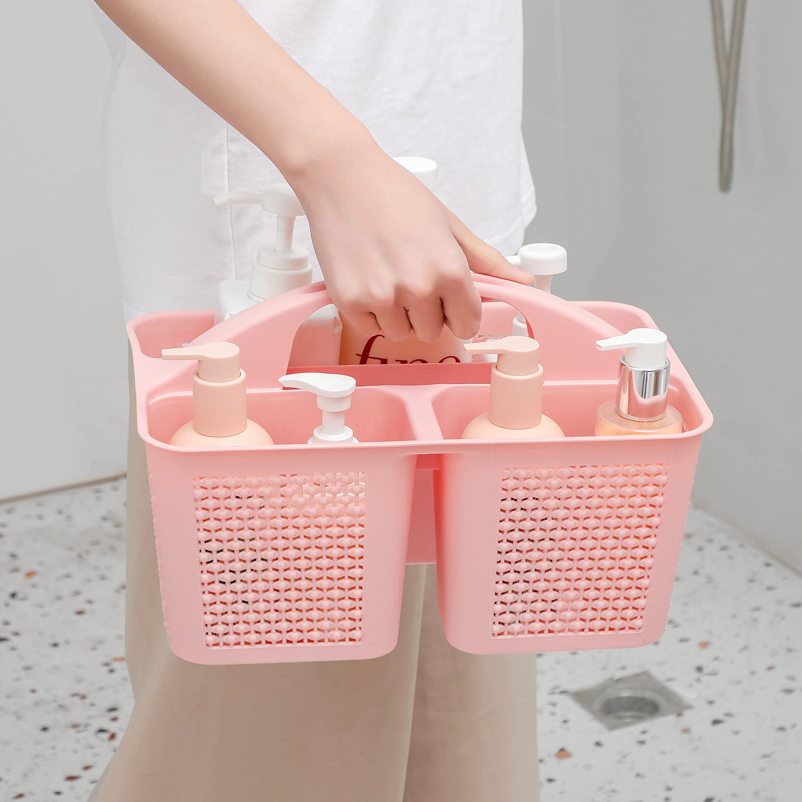 UUJOLY Plastic Portable Shower Caddy Basket Bucket, Cleaning Shower Basket with Handle Compartments Storage Basket Organizer for Bathroom Kitchen College Dorm Sink, Beige