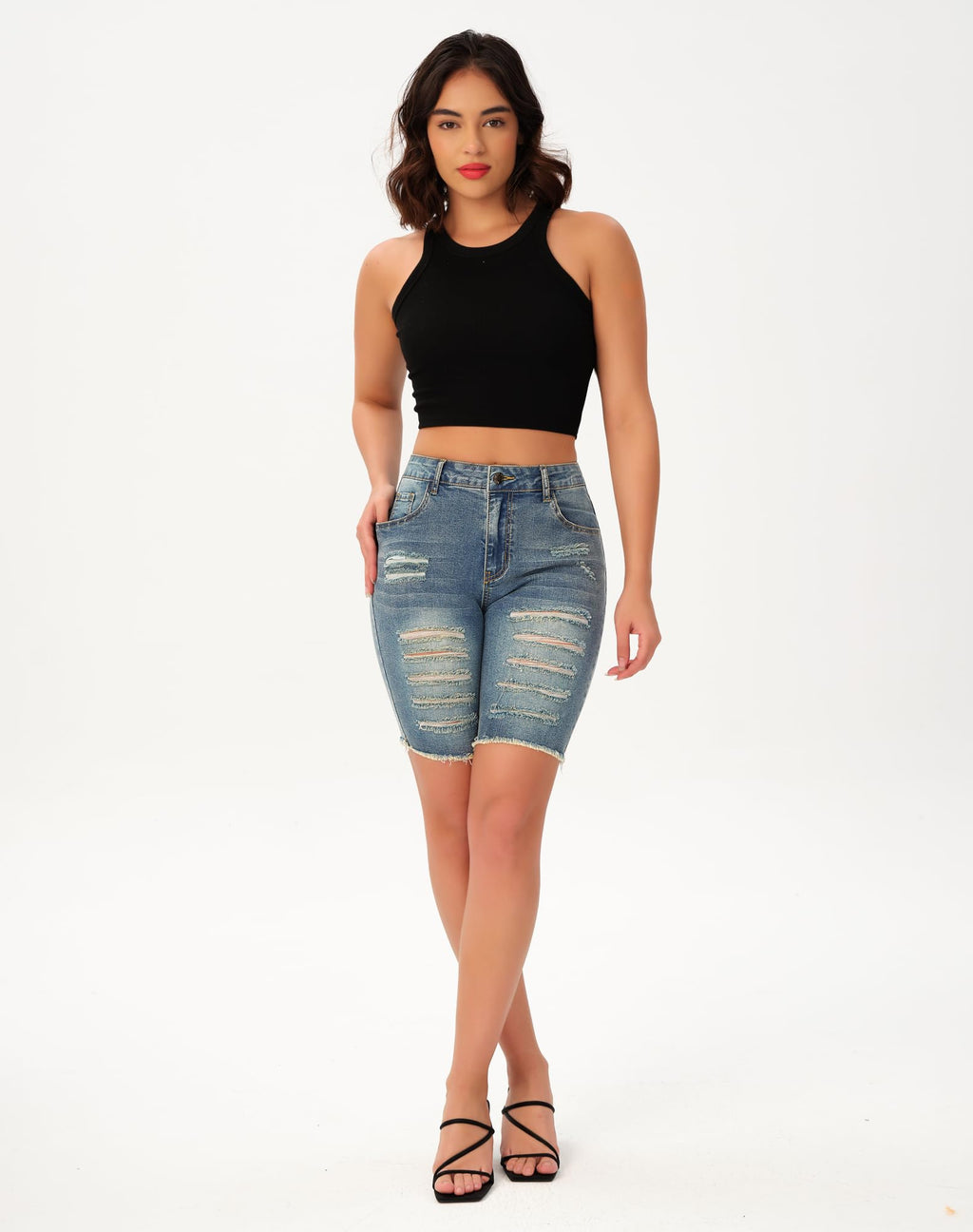 roswear Womens Ripped Stretchy Long Jean Shorts Mid Rise Frayed Cut Off Bermuda Shorts