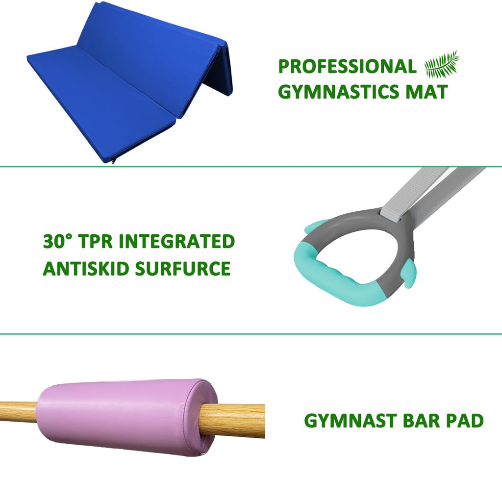 Foldable & Moveable Gymnastics Horizontal Bar with Rings,3’to 5’Adjustable Height Expandable Junior Kip Bar for Home,Indoor Gym Equipment for Kids