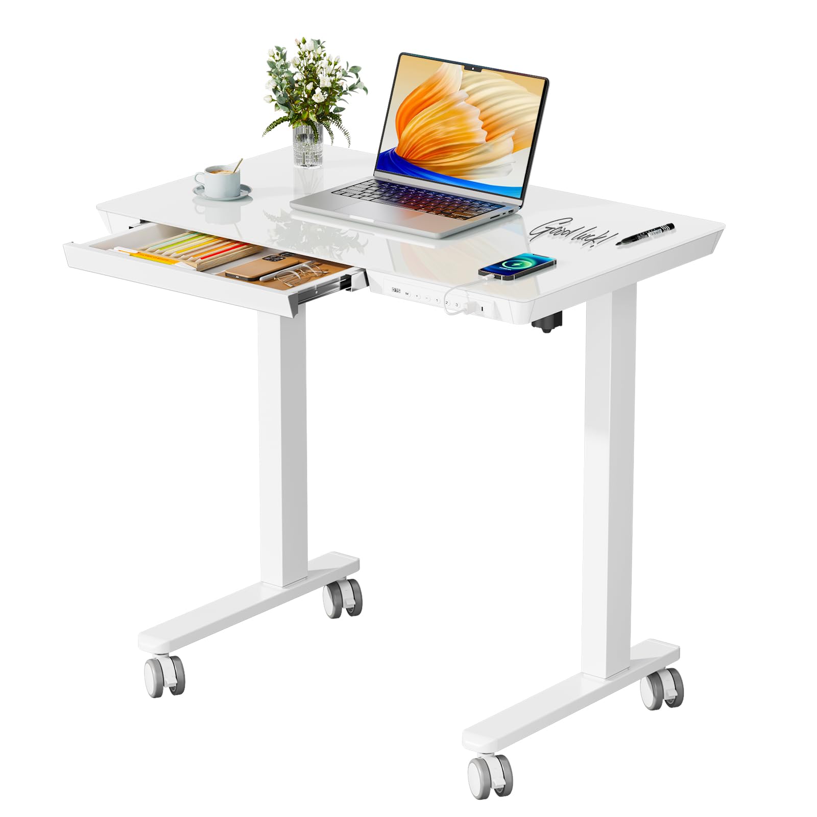Glass Electric Standing Desk with Drawer, 35" x 20" Whole Piece Tabletop Samll Sit Stand Table, Height Adjustable Workstation with Storage & USB Ports, Quick Install Home Office Desk