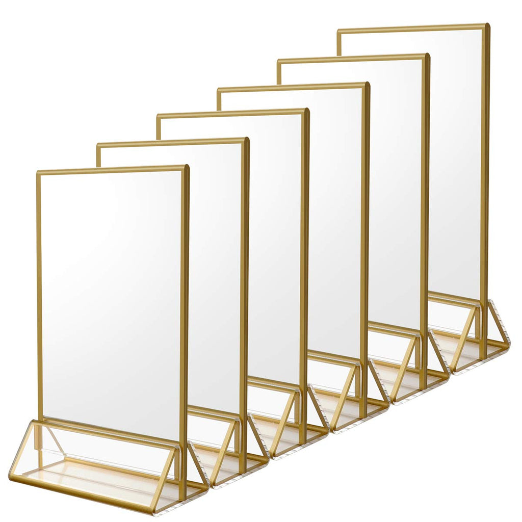 NIUBEE 6Pack 6 x 4 Horizontal Clear Acrylic Sign Holder with Gold Borders, Double Sided Table Menu Stands Picture Frames for Wedding Table Numbers, Restaurant Signs, Photos and Art Display