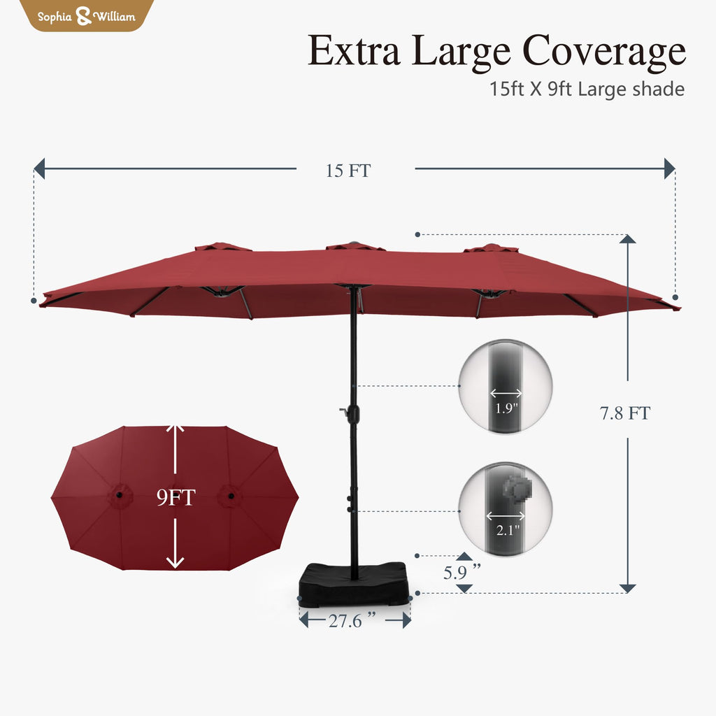 Sophia & William 15 ft Extra Large Patio Umbrella with Base Included, Rectangular Outdoor Umbrella Heavy Duty, Market Umbrella Double-sided Fade Resistant for Pool Garden Backyard, Beige