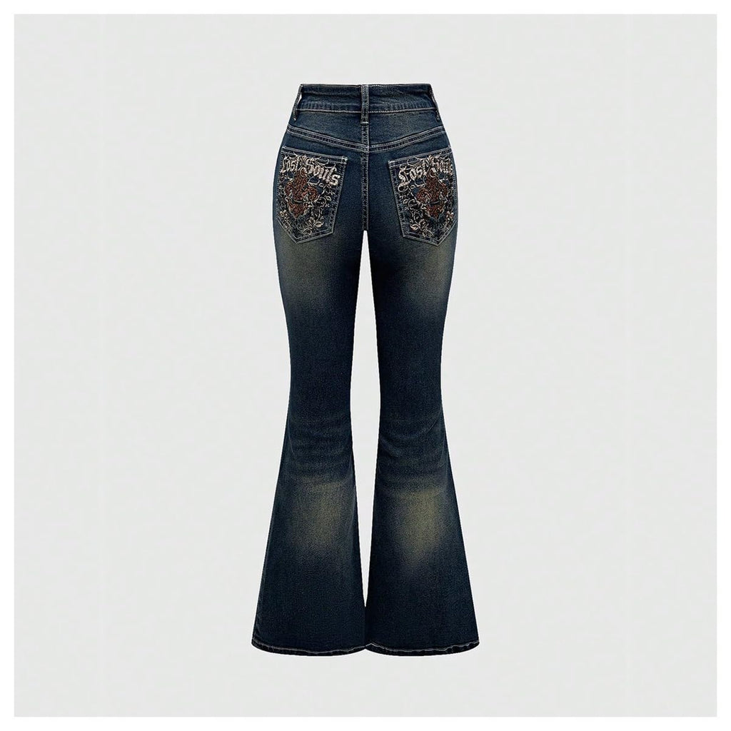 MakeMeChic Women's Bell Bottom Jeans Stretchy Flared Jeans Embroidered Y2K High Waist Denim Pants