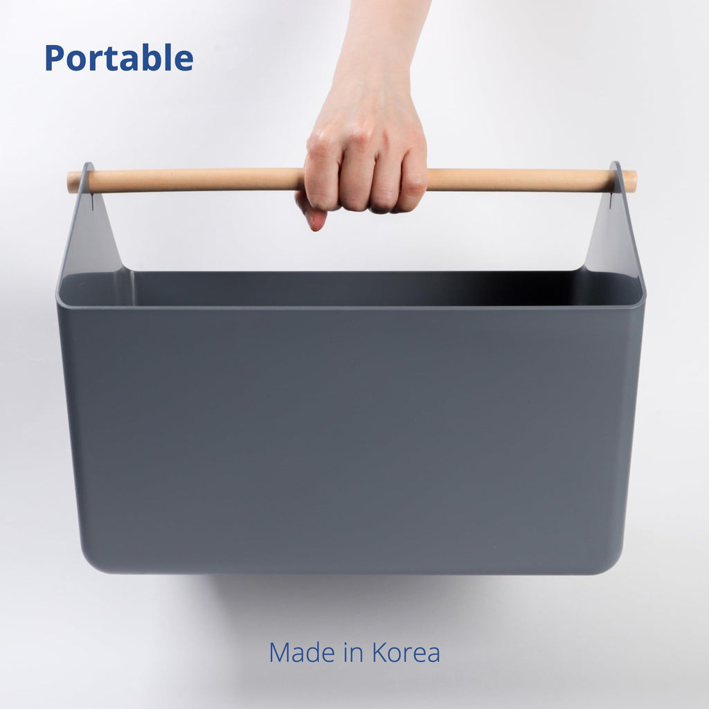 BLUE GINKGO Medium Storage Basket – Plastic Caddy with Wooden Handle for Office, Arts & Crafts, or Home Supplies (Green)