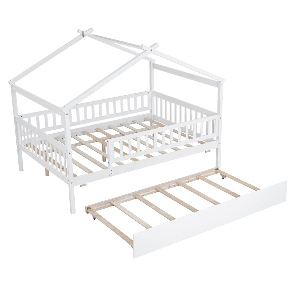 Merax Twin Size Wooden House Bed with Two Drawers, Wood Bed Frame with Roof for Kids, Teens, Boys or Girls, Grey