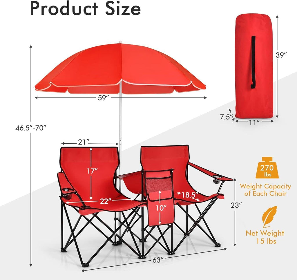 COSTWAY Double Portable Picnic Chairs, Folding Camping Chairs w/Detachable Umbrella, Cooler Bag, Cup Holders, Patio Beach Camping Chairs for Outdoors