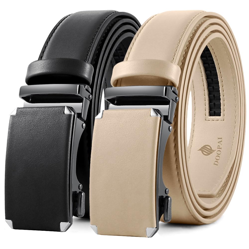 DOOPAI Men's 2 Pack Ratchet Dress Belt - Adjustable 1 3/8" Genuine Leather, Size Length Can Be Cut, With Gift Box