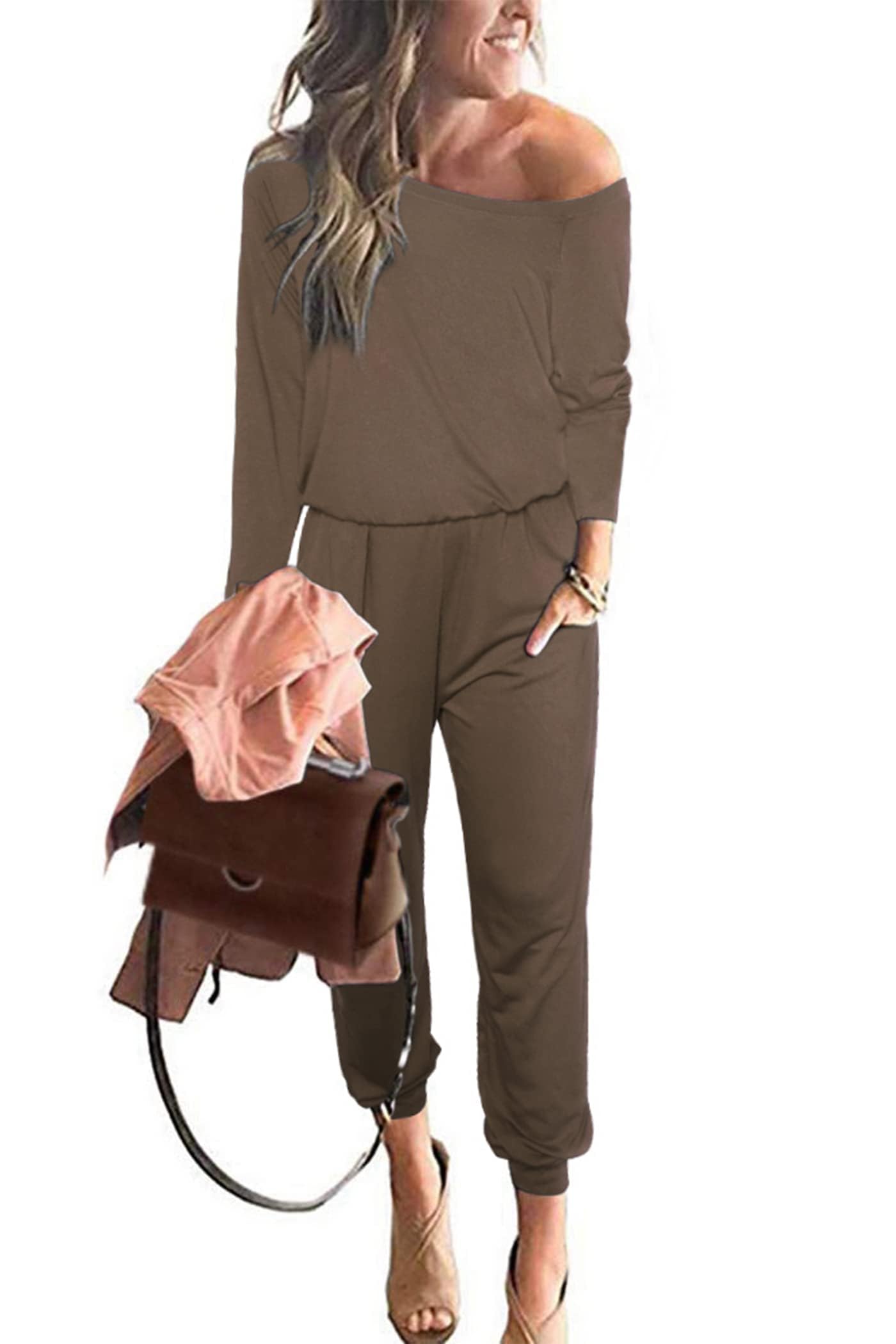 PRETTYGARDEN Jumpsuits for Women Casual 2026 Fall Long Sleeve Off Shoulder Rompers One Piece Travel Outfits Fashion Clothing