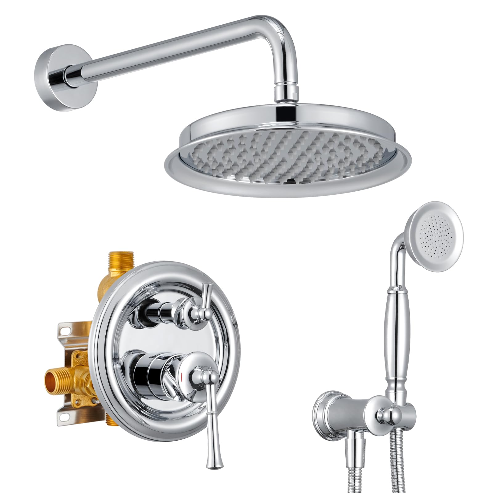 Rainfall Shower Head with Handheld Combo, Brushed Gold Shower System with Balance Pressure Valve, 9 inch Shower Head and Faucet Set, Rain Shower Head with Handheld Spray Wall Mount(B2312-BG)