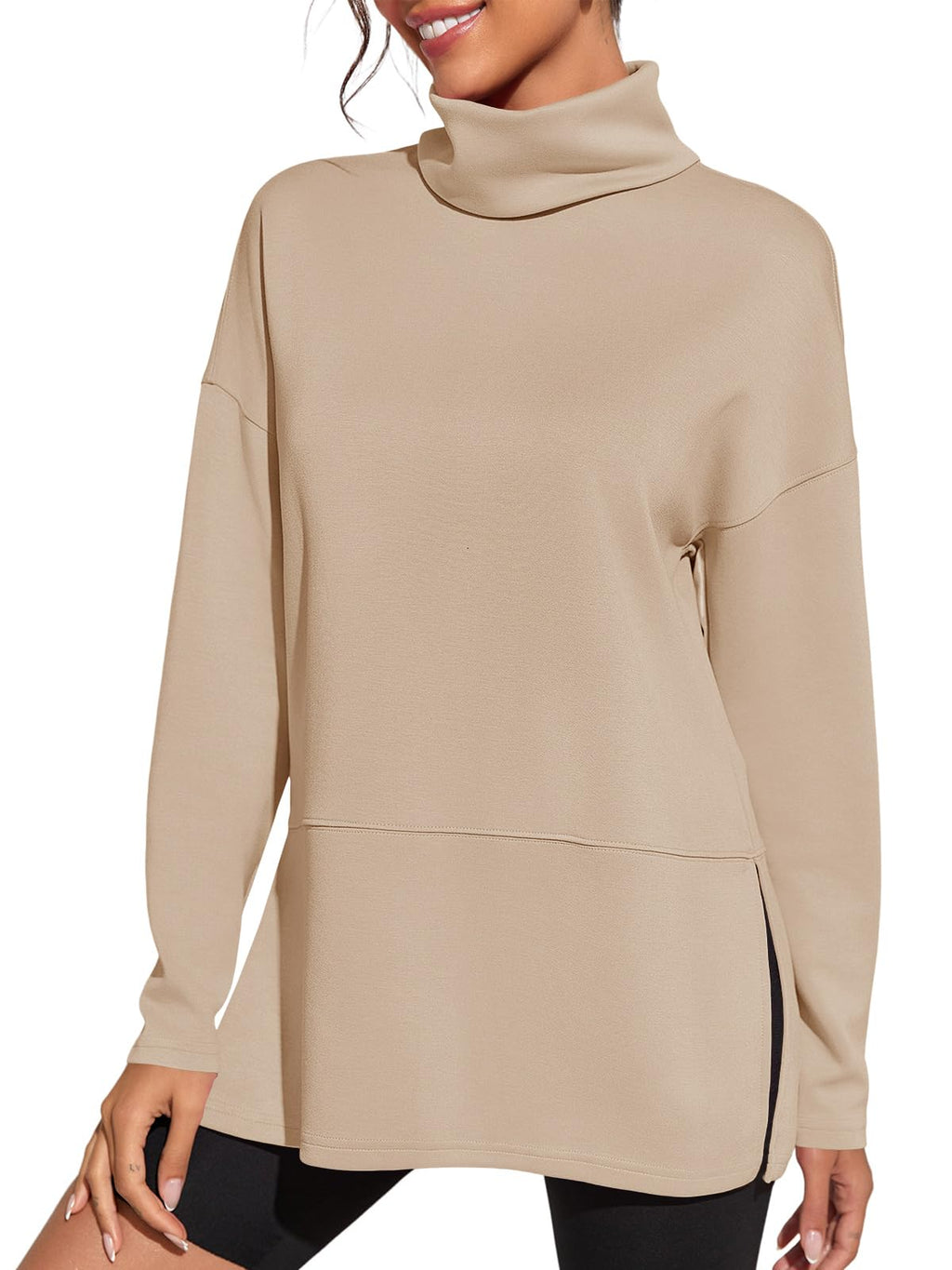 Fisoew Women's Turtleneck Oversized Sweatshirt Casual Long Sleeve Loose Side Slit Pullovers Tunic Tops