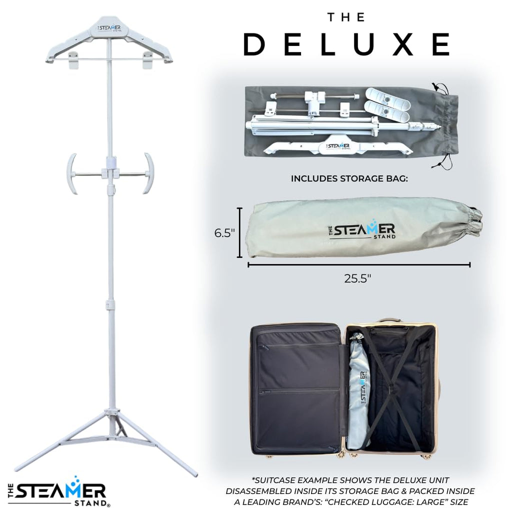 Deluxe | Adjustable Standing Garment Steaming Rack with Hanger | Fast, Foldable, Portable Clothes Steam Ironing Solution for Travel & Home
