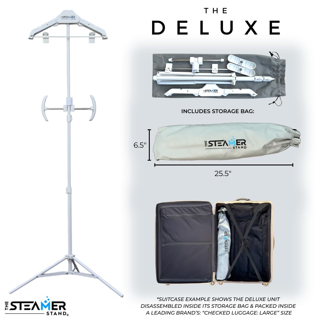 Deluxe | Adjustable Standing Garment Steaming Rack with Hanger | Fast, Foldable, Portable Clothes Steam Ironing Solution for Travel & Home