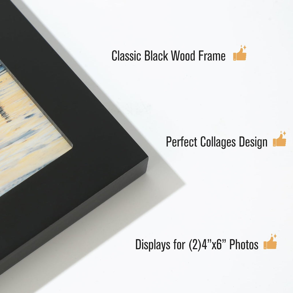 4x6 2-Opening Collage Frame Black Wood | Two 4x6 openings, shatter-resistant glass, tabletop & wall mount