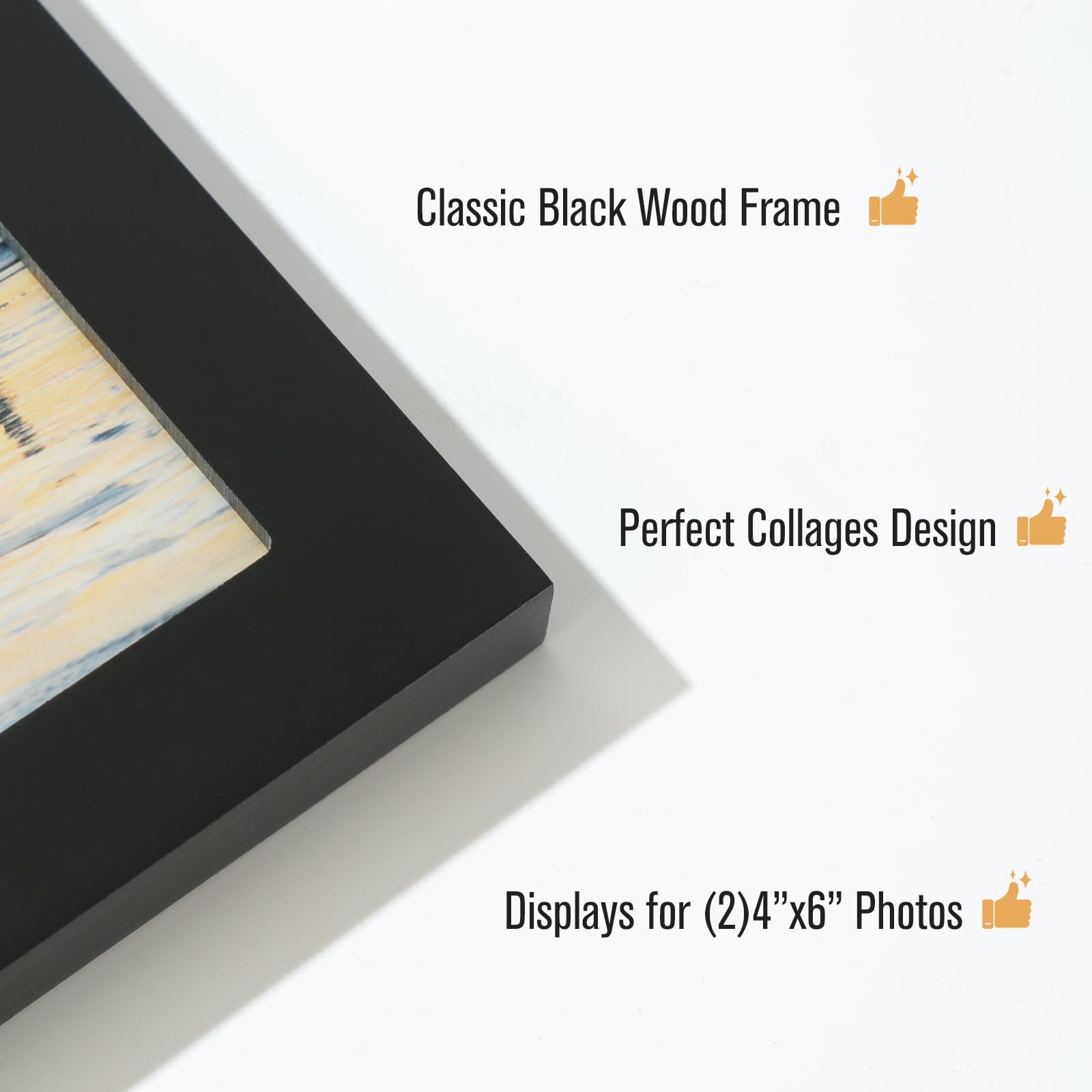 4x6 2-Opening Collage Frame Black Wood | Two 4x6 openings, shatter-resistant glass, tabletop & wall mount