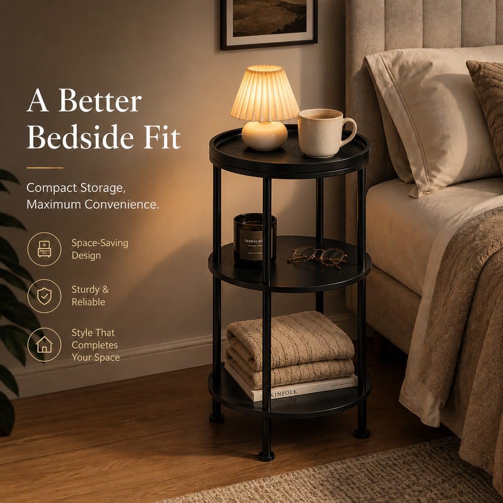 Small Round Side Table with Charging Station for Small Spaces, 3-Tier Accent Table with USB Ports & Power Outlets, Sofa Corner Tea Table for Living Room Nightstand Bedroom Apartment (Black)