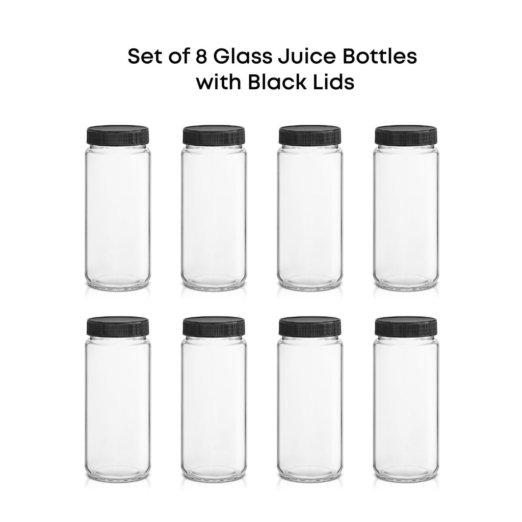 JoyJolt Glass Juice Bottles, 16 oz Glass Bottles with Caps. Set of 8 Juice Containers with Lids for Fridge, and Labels for Juice Jars. Glasses for Juice, Cold Brew Bottles, Smoothie Jars