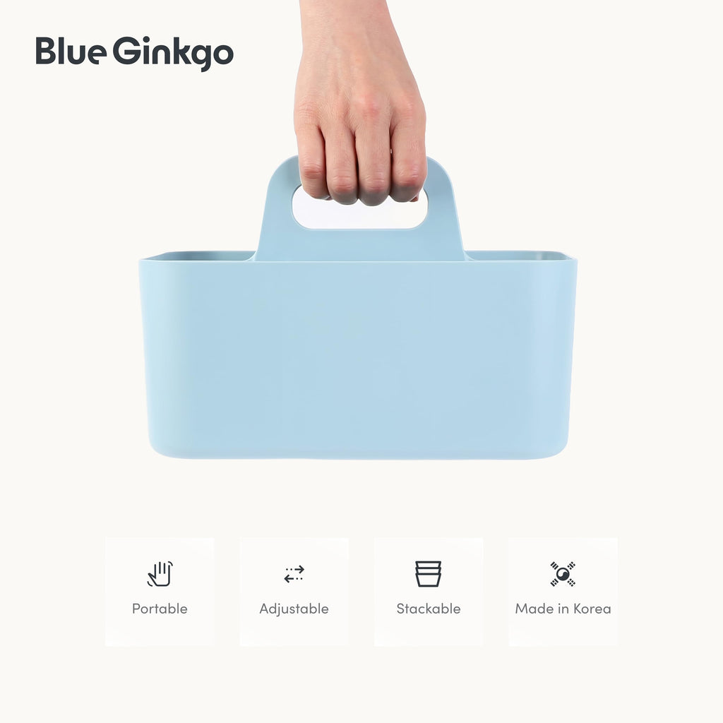 BLUE GINKGO Stackable Organizer Caddy – Korean-Made Portable Tote for Bathroom, Office, Crafts, or School Supplies (Long Rectangle, Blue)