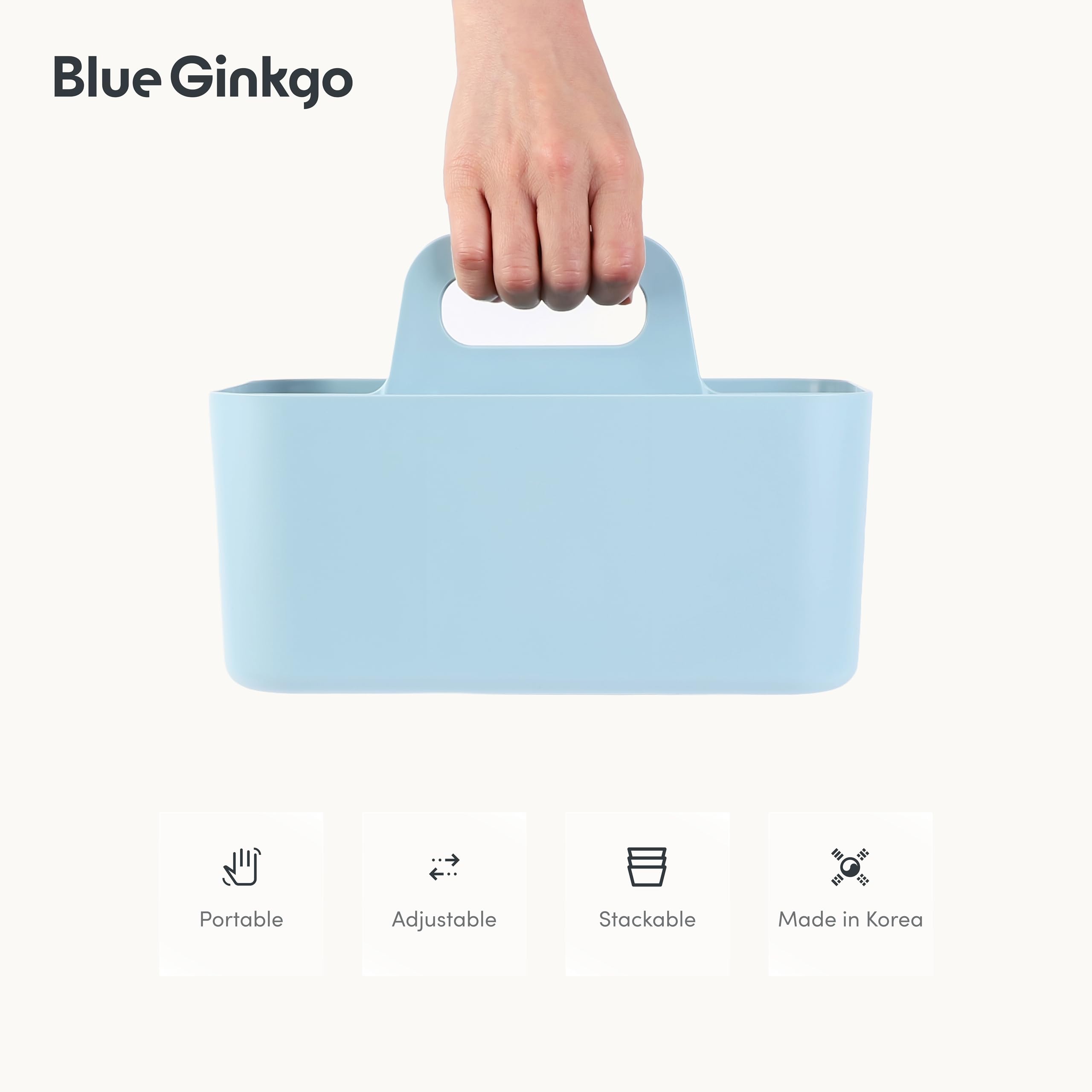 BLUE GINKGO Stackable Organizer Caddy – Korean-Made Portable Tote for Bathroom, Office, Crafts, or School Supplies (Long Rectangle, Blue)