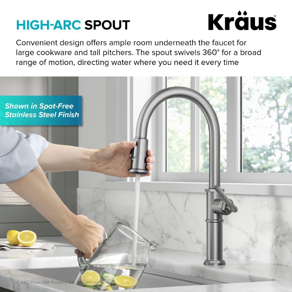 KRAUS Allyn Transitional Bridge Kitchen Faucet with Pull-Down Sprayhead in Brushed Gold, KPF-3121BG