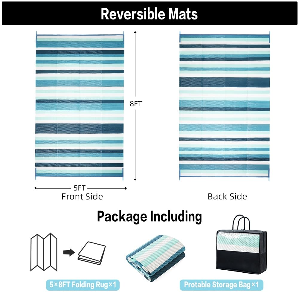 HUGEAR Outdoor Patio Rug 3'x5' Waterproof Outside Area Rugs Blue Reversible Plastic Straw Carpet for RV Deck Camping Entryance Porch Picnic Balcony Beach