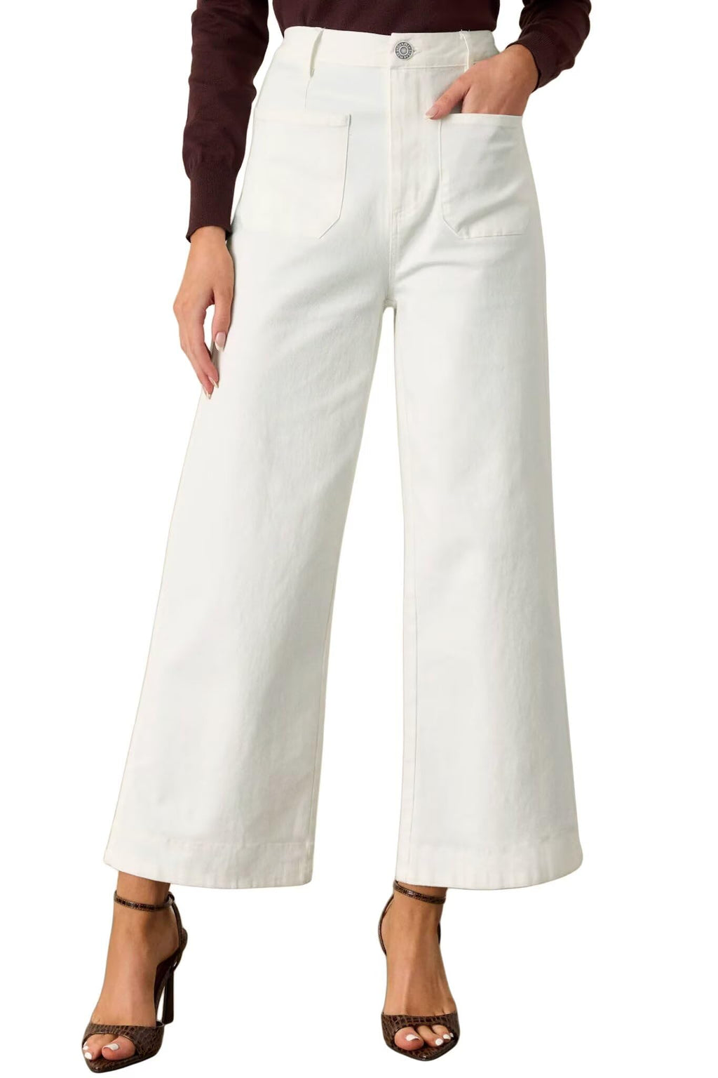 Allimy Women's High Waisted Cropped Wide Leg Jeans Stretchy Loose Denim Pants with Front Patch Pockets