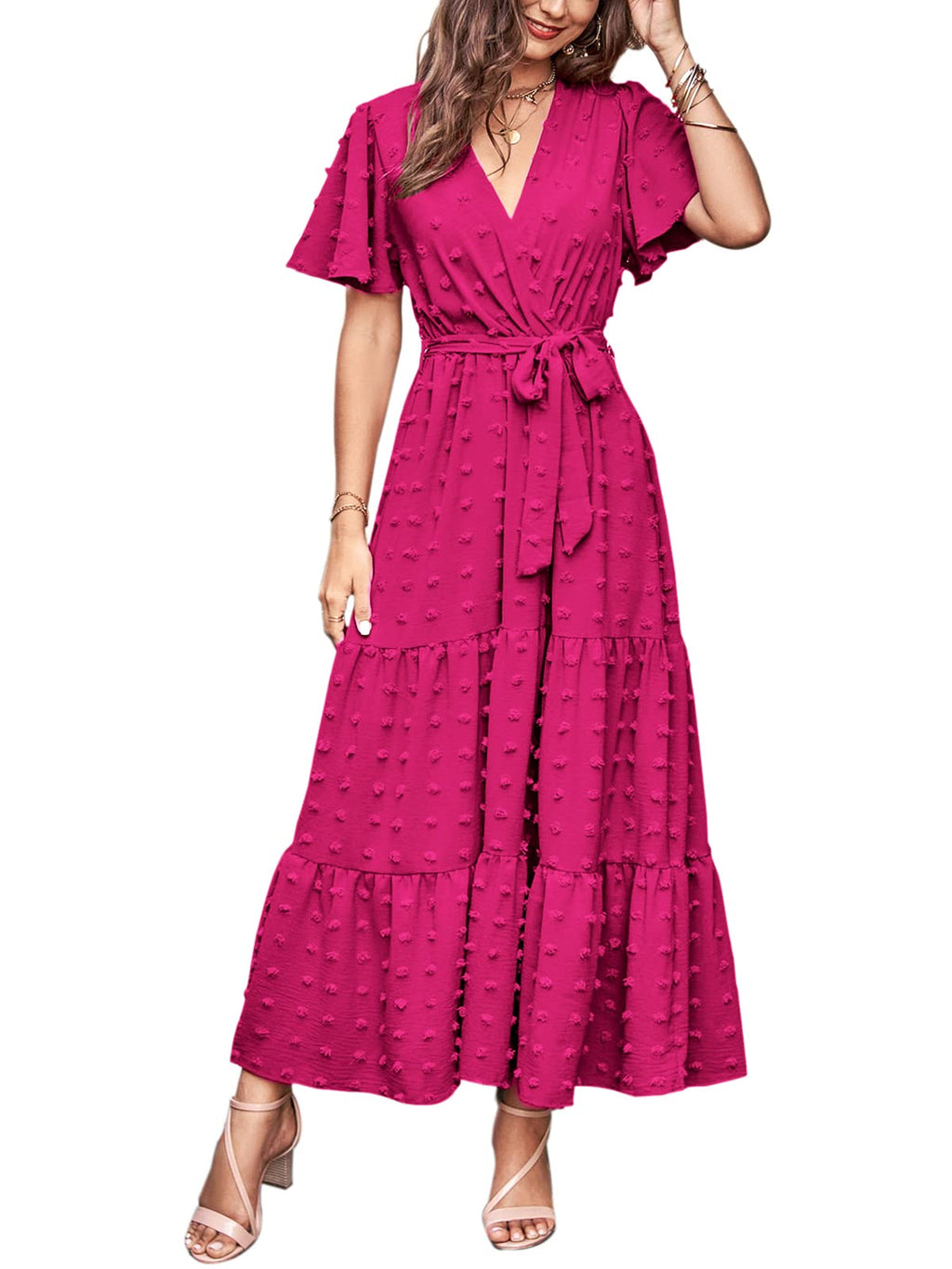 MASCOMODA Womens Summer Swiss Dot Maxi Dresses Wrap V Neck Flutter Short Sleeve Boho Casual Flowy Long Wedding Guest Dress