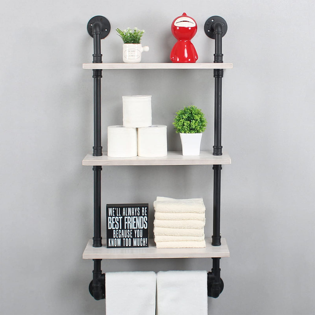 MBQQ Industrial Pipe Shelf Bathroom Shelves Wall Mounted,19.6in Rustic Wood Shelf with Towel Bar,1 Tier Farmhouse Towel Rack,Pipe Shelving Floating Shelves Towel Holder,Black & White