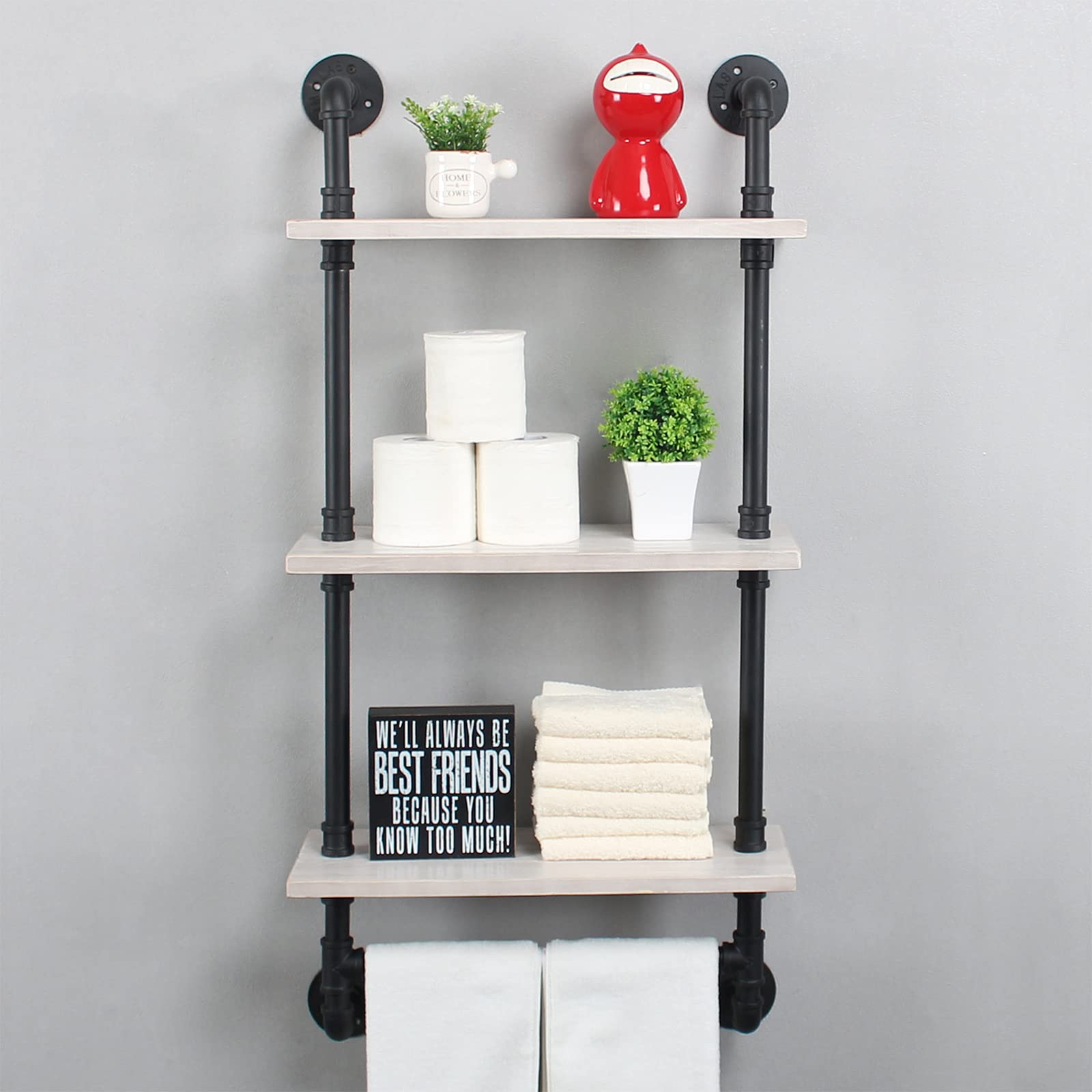 MBQQ Industrial Pipe Shelf Bathroom Shelves Wall Mounted,19.6in Rustic Wood Shelf with Towel Bar,1 Tier Farmhouse Towel Rack,Pipe Shelving Floating Shelves Towel Holder,Black & White