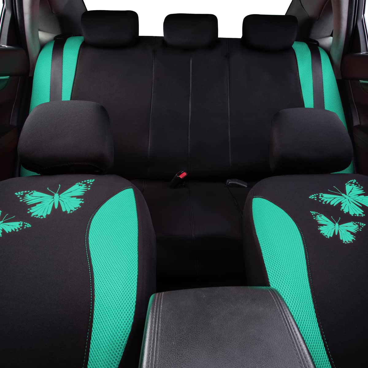 Flying Banner Butterfly car seat Covers ful Set Fashion Universal Lady Woman Female Rear Bench Split Colorized (2 Fronts, Mint Blue)